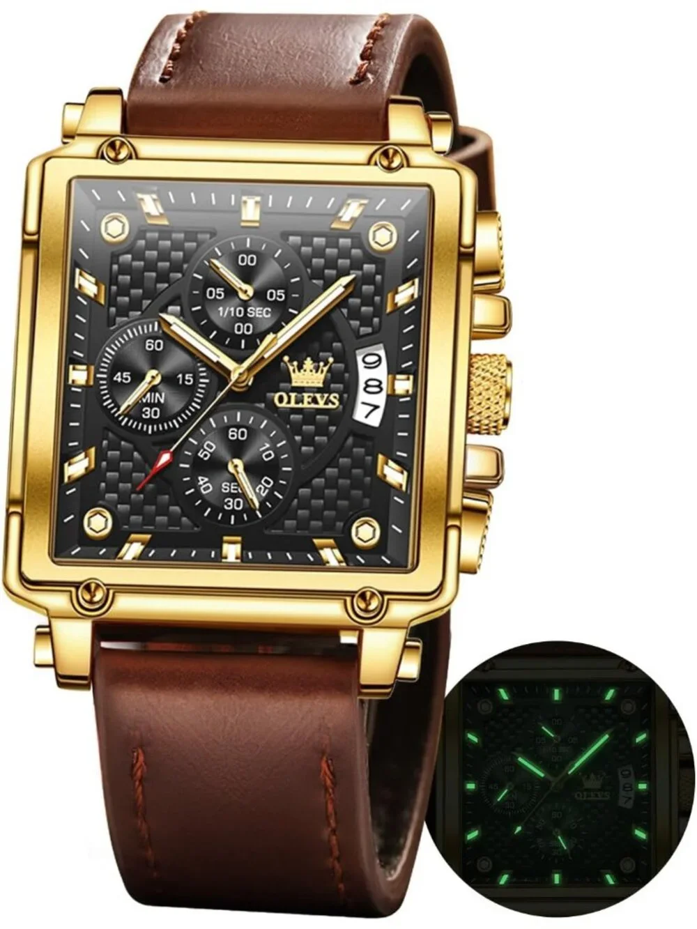 Men's Black Quartz Leather Strap Waterproof Trendy Square Dial Wrist Watch